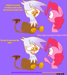 Size: 1242x1405 | Tagged: safe, artist:mushroomcookiebear, gilda, pinkie pie, griffon, g4, comic, dialogue, hilarious in hindsight, out of character, purple background, simple background