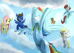 Size: 1200x850 | Tagged: safe, artist:terrac0tta, derpy hooves, fluttershy, rainbow dash, oc, pegasus, pony, g4, armpits, cloud, female, flying, mare