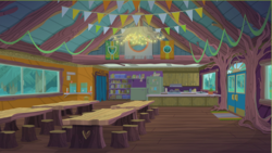 Size: 539x303 | Tagged: dead source, safe, screencap, equestria girls, g4, my little pony equestria girls: legend of everfree, official, background, camp everfree, camp everfree logo, canteen, flag, picture, scenery