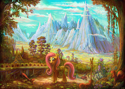 Size: 3508x2480 | Tagged: safe, artist:jowyb, fluttershy, squirrel, g4, bag, building, cloud, cottagecore, female, high res, mountain, open mouth, photoshop, scenery, scenery porn, signature, sky, solo, tree, wacom