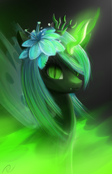 Size: 1080x1679 | Tagged: safe, artist:yunnecora, queen chrysalis, changeling, changeling queen, g4, crown, eyelashes, fangs, female, flower, flower in hair, glowing horn, green fire, horn, jewelry, lidded eyes, looking at you, magic, portrait, regalia, slit pupils, smiling, solo