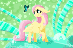 Size: 1920x1280 | Tagged: safe, artist:buttersflutterscotch, fluttershy, butterfly, pegasus, pony, g4, abstract background, female, floppy ears, looking at something, looking up, raised hoof, smiling, solo, standing, stray strand, turned head, wings