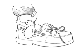 Size: 3274x2311 | Tagged: safe, artist:shoeunit, scootaloo, pegasus, pony, g4, black and white, characters inside shoes, cute, cutealoo, female, grayscale, high res, monochrome, shoes, simple background, sleeping, solo, traditional art, white background, wings