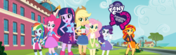 Size: 1920x609 | Tagged: safe, applejack, fluttershy, pinkie pie, rainbow dash, rarity, sunset shimmer, twilight sparkle, equestria girls, g4, official, canterlot high, clothes, hand on hip, humane six, legs, looking at you, mane six, sleeveless, tank top
