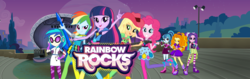 Size: 1920x609 | Tagged: safe, adagio dazzle, applejack, aria blaze, dj pon-3, pinkie pie, rainbow dash, sonata dusk, twilight sparkle, vinyl scratch, equestria girls, g4, my little pony equestria girls: rainbow rocks, official, bass guitar, female, guitar, looking at you, musical instrument, stage, the dazzlings