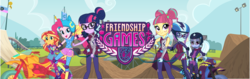 Size: 1920x609 | Tagged: safe, pinkie pie, sci-twi, sour sweet, sugarcoat, sunny flare, sunset shimmer, twilight sparkle, equestria girls, g4, my little pony equestria girls: friendship games, official, archery, arrow, banner, bow (weapon), bow and arrow, crystal prep shadowbolts, looking at you, motorcross, motorcycle, weapon