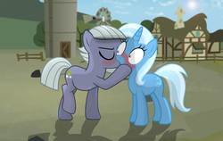 Size: 3091x1949 | Tagged: safe, artist:shutterflyeqd, limestone pie, trixie, earth pony, pony, unicorn, g4, blurry background, blushing, crack shipping, duo, duo female, eyes closed, female, high res, kiss on the lips, kissing, lesbian, mare, outdoors, raised leg, rock farm, ship:trixstone, shipping, surprise kiss, wide eyes