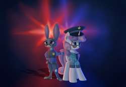 Size: 2000x1383 | Tagged: safe, artist:vanillaghosties, sweetie belle, pony, rabbit, unicorn, g4, animal, clothes, crossover, cuffs, disney, glasses, judy hopps, necktie, police officer, police sirens, police uniform, sunglasses, zootopia