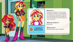 Size: 885x510 | Tagged: safe, sunset shimmer, equestria girls, g4, my little pony equestria girls: legend of everfree, app, boots, clothes, doll, door, eqg profiles, equestria girls minis, female, high heel boots, irl, jacket, leather jacket, lockers, photo, shoes, skirt, toy