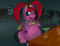 Size: 2600x2000 | Tagged: safe, artist:superninja, dj pon-3, pacific glow, vinyl scratch, alcohol, barstool, belly, belly button, big belly, dj booth, fat, jewelry, necklace, obese, one eye closed, pacifier, pigtails, wink