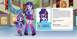 Size: 1064x546 | Tagged: safe, sci-twi, twilight sparkle, equestria girls, g4, my little pony equestria girls: legend of everfree, boots, bowtie, canterlot high, clothes, doll, eqg profiles, equestria girls minis, female, glasses, high heel boots, leg warmers, mistaken identity, pleated skirt, ponytail, skirt, smiling, solo, toy, twilight sparkle (alicorn)