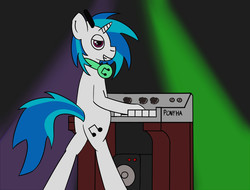 Size: 1565x1188 | Tagged: dead source, safe, artist:mackstack, dj pon-3, vinyl scratch, pony, g4, bipedal, keyboard, looking at you, musical instrument, synthesizer