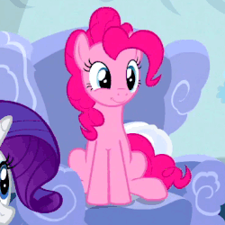 Size: 370x370 | Tagged: safe, screencap, pinkie pie, rainbow dash, rarity, pony, g4, newbie dash, :t, animated, cloud, cute, female, frown, sitting, smiling, solo focus, watching