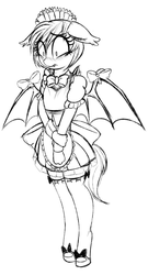 Size: 700x1300 | Tagged: safe, artist:replica, oc, oc only, oc:nolegs, bat pony, anthro, unguligrade anthro, blushing, breasts, clothes, delicious flat chest, female, floppy ears, grayscale, lineart, maid, monochrome, sketch, solo