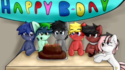 Size: 6188x3471 | Tagged: safe, artist:sherfur, oc, oc only, oc:daybreak, oc:flick, oc:noxington nocte, oc:pouncer, oc:scoots, oc:tal, birthday, cake, food, happy