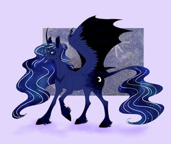 Size: 1024x863 | Tagged: safe, artist:biakela, princess luna, g4, bat wings, female, hybrid wings, looking at you, solo, spread wings, unshorn fetlocks