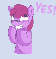 Size: 241x251 | Tagged: safe, berry punch, berryshine, earth pony, pony, g4, blue background, blushing, dialogue, female, open mouth, reaction image, simple background, smiling, solo, yes