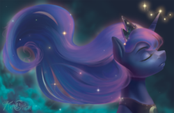 Size: 1224x792 | Tagged: safe, artist:katotter, princess luna, g4, female, relaxing, solo, space, sparkly mane
