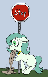 Size: 504x810 | Tagged: safe, artist:thebathwaterhero, oc, oc only, oc:emerald jewel, earth pony, pony, colt quest, amulet, bags under eyes, blank flank, child, color, colt, drunk, floppy ears, foal, ground, hangover, leaning, male, metal, road sign, solo, stop sign, vomit, vomiting, wide eyes