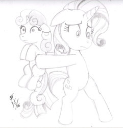 Size: 800x830 | Tagged: safe, artist:mayorlight, rarity, sweetie belle, pony, g4, bipedal, holding a pony, monochrome, sketch, traditional art