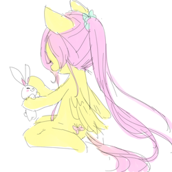 Size: 1650x1650 | Tagged: safe, artist:yowal, angel bunny, fluttershy, g4, alternate hairstyle, anatomically incorrect, colored sketch, incorrect leg anatomy, pixiv, ponytail, simple background, sitting, white background