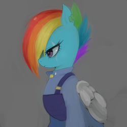 Size: 1650x1650 | Tagged: safe, artist:yowal, rainbow dash, g4, the cutie re-mark, alternate timeline, amputee, apocalypse dash, artificial wings, augmented, crystal war timeline, female, mechanical wing, pixiv, prosthetic limb, prosthetic wing, prosthetics, scar, solo, torn ear, wings