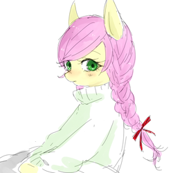 Size: 1650x1650 | Tagged: safe, artist:yowal, fluttershy, g4, alternate hairstyle, blushing, bow, braid, clothes, digital art, female, green eyes, hair bow, looking at you, pink hair, pink mane, pixiv, simple background, sitting, solo, sweater, sweatershy, turtleneck, twin braids, white sweater, yellow coat