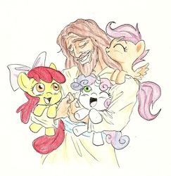 Size: 1629x1677 | Tagged: safe, artist:joelashimself, apple bloom, scootaloo, sweetie belle, earth pony, pegasus, pony, unicorn, g4, adorabloom, applelove, christianity, cute, cutealoo, cutie mark crusaders, diasweetes, holding a pony, hug, jesus christ, religious focus, scootalove, simple background, sweetielove, traditional art, white background