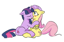 Size: 940x613 | Tagged: safe, artist:wieczornykac, fluttershy, twilight sparkle, pony, unicorn, g4, ears back, female, floppy ears, kissing, lesbian, mare, ship:twishy, shipping, unicorn twilight