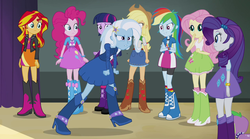 Size: 1280x714 | Tagged: safe, screencap, applejack, fluttershy, pinkie pie, rainbow dash, rarity, spike, sunset shimmer, trixie, twilight sparkle, dog, equestria girls, g4, my little pony equestria girls: rainbow rocks, balloon, boots, bracelet, clothes, cowboy boots, high heel boots, jewelry, mane six, skirt, spike the dog, twilight sparkle (alicorn)
