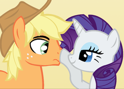 Size: 725x520 | Tagged: safe, artist:dilemmas4u, applejack, rarity, g4, applejack (male), boop, bust, cute, female, half r63 shipping, jackabetes, lidded eyes, looking at each other, male, nose wrinkle, portrait, raribetes, rule 63, ship:applerity, ship:rarijack, shipping, show accurate, simple background, smiling, straight, surprised