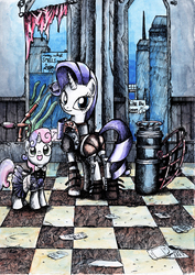 Size: 3467x4905 | Tagged: safe, artist:smellslikebeer, rarity, sweetie belle, g4, absurd resolution, armor, armorarity, big sister, bioshock, crosshatch, crossover, duo, ink, little sister, sisters, traditional art, watercolor painting
