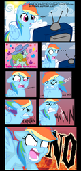 Size: 2788x5870 | Tagged: safe, artist:thex-plotion, rainbow dash, rainbow dash (g3), earth pony, pegasus, pony, g3, g3.5, g4, ..., absurd resolution, angry, artifact, big no, comic, crying, female, g3 hate, jaw drop, mare, meme origin, metalocalypse, no, rainbow dash always dresses in style, television