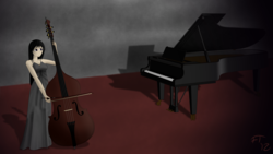Size: 1920x1080 | Tagged: safe, artist:deathaura40s, octavia melody, human, g4, cello, clothes, dress, female, humanized, musical instrument, piano, solo