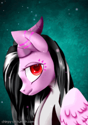 Size: 500x707 | Tagged: safe, artist:chirpy-chi, oc, oc only, oc:musica ink, demon pony, succubus, animated, heart eyes, horns, looking at you, snow, snowfall, solo, wingding eyes