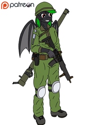 Size: 850x1200 | Tagged: safe, artist:linedraweer, oc, oc only, oc:shade, bat pony, anthro, plantigrade anthro, anthro oc, ar-15, army, gun, knife, military, military uniform, patreon, patreon logo, request, rocket launcher, simple background, solo, weapon, white background