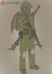 Size: 850x1200 | Tagged: safe, alternate version, artist:linedraweer, oc, oc only, oc:shade, bat pony, anthro, plantigrade anthro, anthro oc, ar-15, army, gun, knife, military, military uniform, patreon, patreon logo, request, rocket launcher, solo, weapon