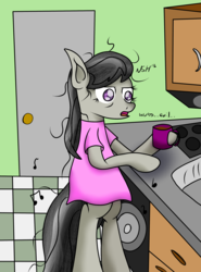 Size: 2534x3428 | Tagged: safe, artist:novaspark, octavia melody, earth pony, pony, g4, bed mane, bipedal, coffee, female, solo