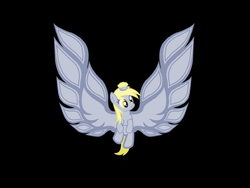 Size: 1600x1200 | Tagged: safe, artist:drewq123, derpy hooves, pegasus, pony, g4, epic derpy, female, food, logo parody, mare, muffin, solo, wings