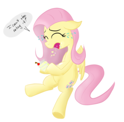 Size: 1387x1360 | Tagged: safe, artist:tixolseyerk, fluttershy, pegasus, pony, g4, bulimia, cake, crying, female, food, mare, simple background, sitting, solo, speech bubble, transparent background