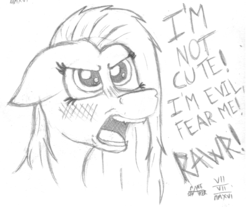 Size: 1228x1017 | Tagged: safe, artist:mane-shaker, pinkie pie, g4, angry, blatant lies, blushing, cute, cuteamena, ears back, embarrassed, fangs, female, glare, i'm not cute, monochrome, open mouth, pinkamena diane pie, rawr, sharp teeth, solo, traditional art