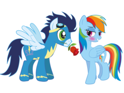 Size: 1152x864 | Tagged: safe, artist:raggyrabbit94, rainbow dash, soarin', pony, g4, blushing, clothes, female, flower, male, mouth hold, rose, ship:soarindash, shipping, simple background, straight, transparent background, wonderbolts uniform
