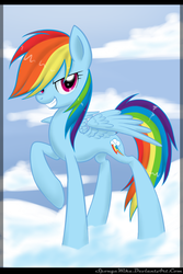Size: 1000x1500 | Tagged: safe, artist:xlilacnialldoex, rainbow dash, pony, g4, cloud, female, grin, mare, on a cloud, partially open wings, sky background, smiling, solo, standing on a cloud, wings