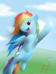 Size: 1500x2000 | Tagged: safe, artist:daskillerfussel, rainbow dash, pony, g4, cloud, female, flying, open mouth, solo