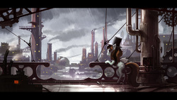 Size: 1920x1080 | Tagged: safe, artist:cmaggot, oc, oc only, pony, city, factory, hat, rain, solo, steampunk, top hat