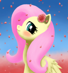 Size: 2105x2270 | Tagged: safe, artist:gennbu, fluttershy, pony, g4, blushing, cute, female, flower, flower in hair, flower petals, high res, looking at you, shyabetes, sitting, smiling, solo, stupid sexy fluttershy