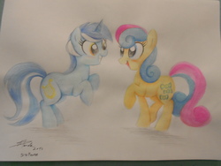 Size: 4320x3240 | Tagged: safe, artist:stepandy, bon bon, lyra heartstrings, sweetie drops, earth pony, pony, unicorn, g4, blushing, female, lesbian, mare, ship:lyrabon, shipping, traditional art