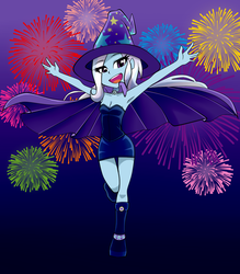 Size: 1050x1200 | Tagged: safe, artist:nekojackun, trixie, equestria girls, g4, armpits, arms in the air, bare shoulders, breasts, cleavage, clothes, dress, female, fireworks, hands in the air, legs, looking at you, open mouth, skirt, sleeveless, sleeveless dress, solo, strapless, trixie's cape, trixie's hat