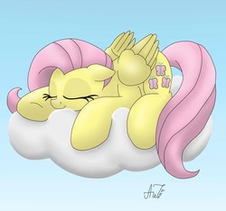 Size: 1200x1124 | Tagged: safe, artist:artyjoyful, fluttershy, g4, cloud, female, gradient background, sleeping, solo