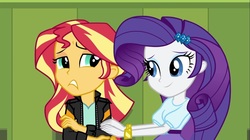 Size: 1100x618 | Tagged: safe, edit, edited screencap, screencap, rarity, sunset shimmer, equestria girls, g4, my little pony equestria girls: friendship games, inverted mouth
